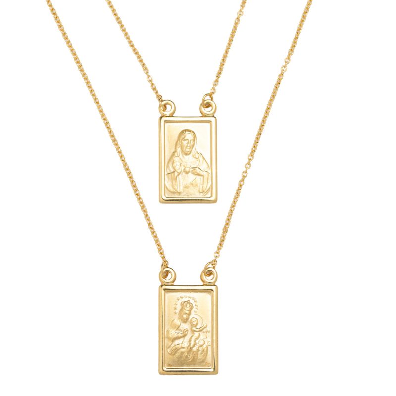 Scapolare tradizionale Madonna del Carmine e Sacro Cuore con catena in oro giallo 18 kt