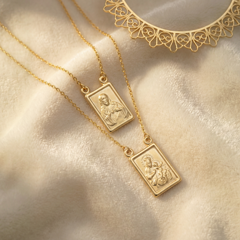 Scapolare tradizionale Madonna del Carmine e Sacro Cuore con catena in oro giallo 18 kt