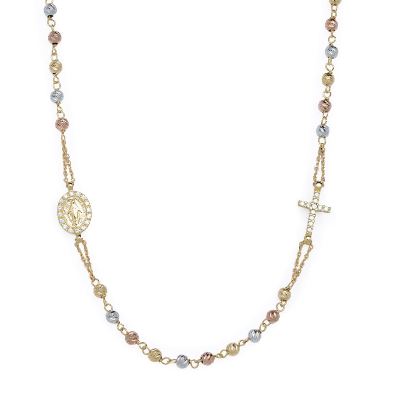 Rosario collana trinity diamantato con la Medaglia Miracolosa in oro 18 kt