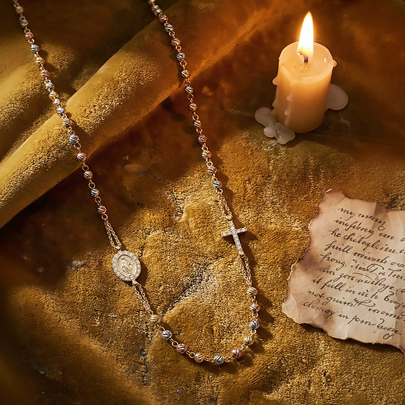 osario collana trinity diamantato con la Medaglia Miracolosa in oro 18 kt