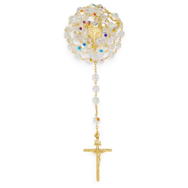 Rosario in argento dorato e grani sfaccettati in Preciosa crystals con Madonna della Salute e Croce della Pace