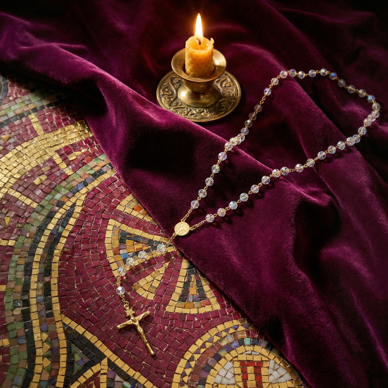 Rosario in argento dorato e grani sfaccettati in Preciosa crystals con Madonna della Salute e Croce della Pace