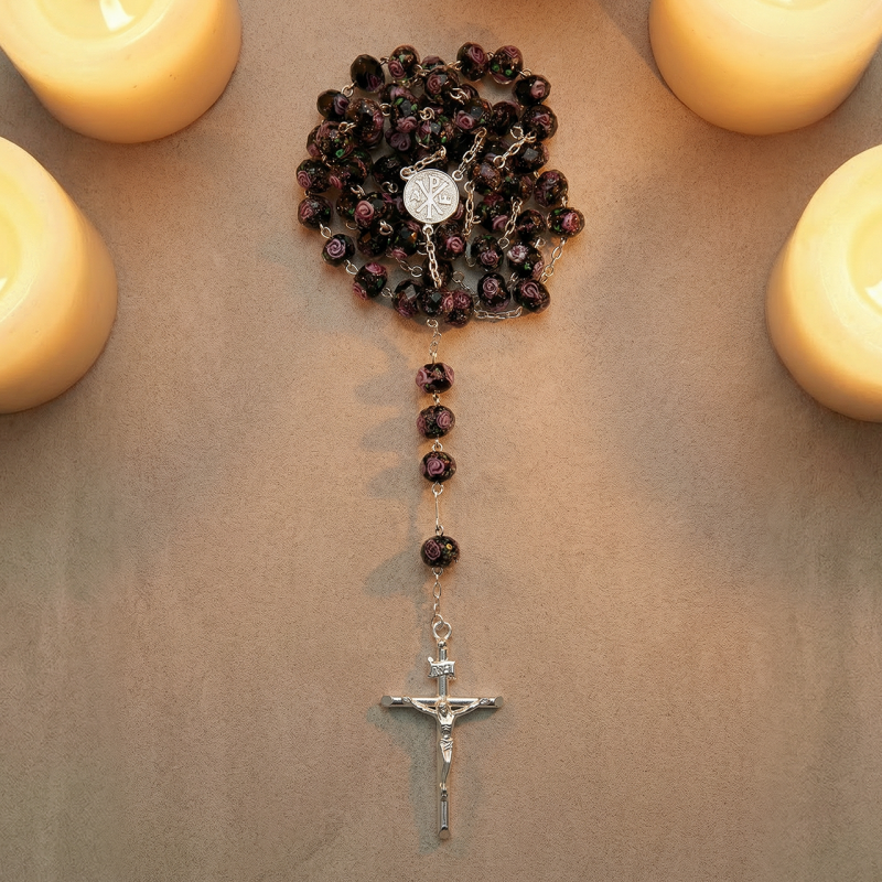 Rosario in argento 925 e cristallo di Murano con Madonna della Salute e Croce della Pace
