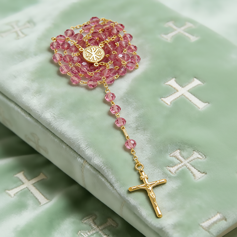 Rosario in argento dorato e grani sfaccettati in Preciosa crystals con Madonna della Salute e Croce della Pace