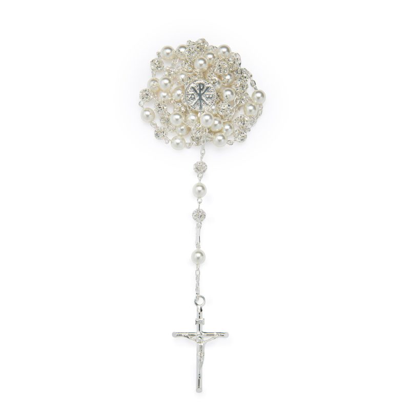 Rosario in argento 925, perle e cristallo con Madonna della Salute e Croce della Pace