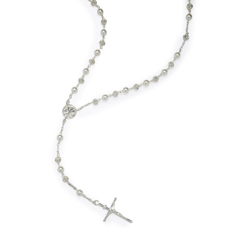 Rosario in argento 925, perle e cristallo con Madonna della Salute e Croce della Pace