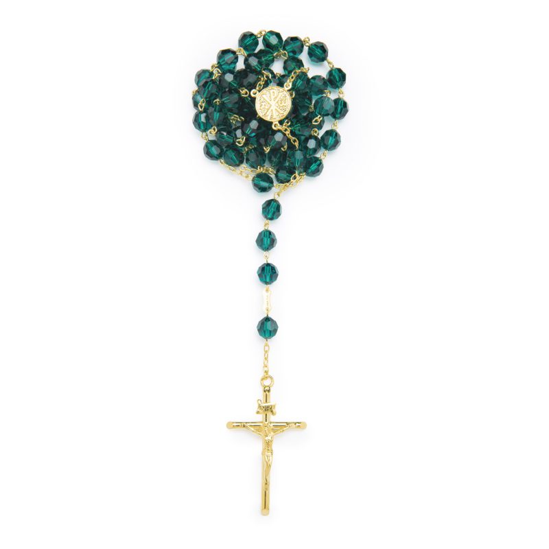 Rosario in argento dorato grani sfaccettati in Preciosa crystals con Madonna della Salute e Croce della Pace