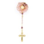 Rosario in argento dorato e Quarzo Rosa con la Madonna della Salute e Croce della Pace