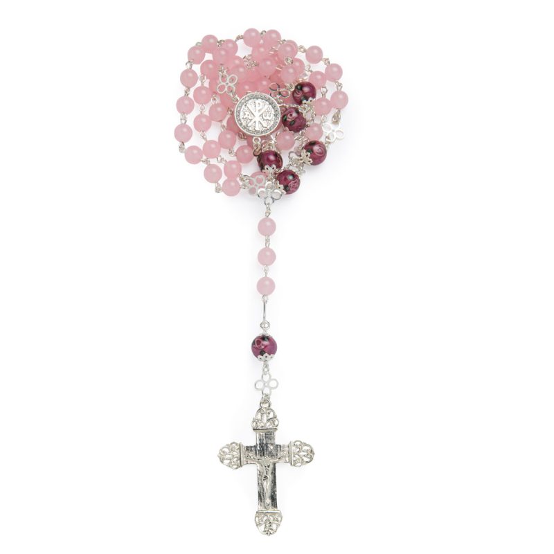Rosario in argento 925 e Quarzo Rosa con la Madonna della Salute e Croce della Pace