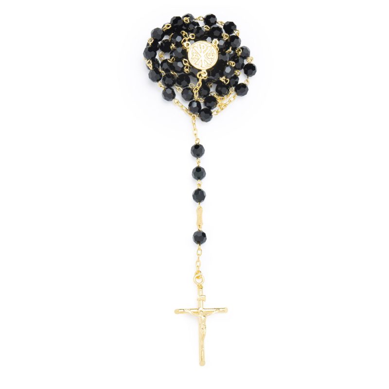 Rosario in argento dorato e grani sfaccettati in Preciosa crystals con Madonna della Salute e Croce della Pace