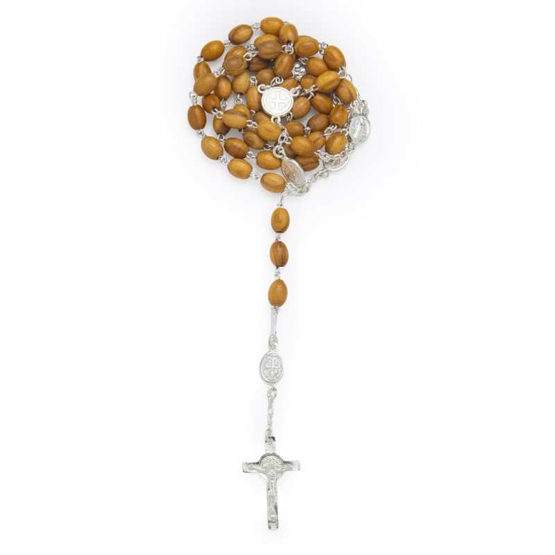 Rosario in argento 925 e legno d'ulivo con le Medaglie di San Benedetto
