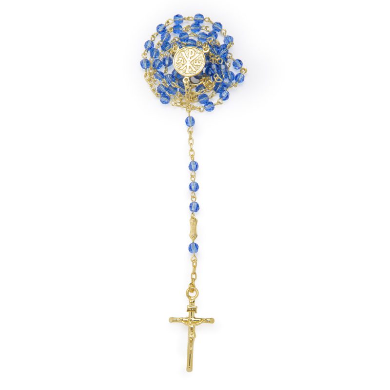 Rosario in argento dorato e grani sfaccettati in Preciosa crystals con Madonna della Salute e Croce della Pace