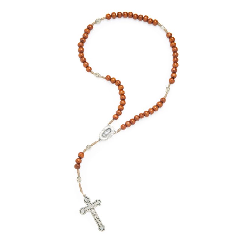 Rosario con gocce d'Acqua Santa in legno e corda