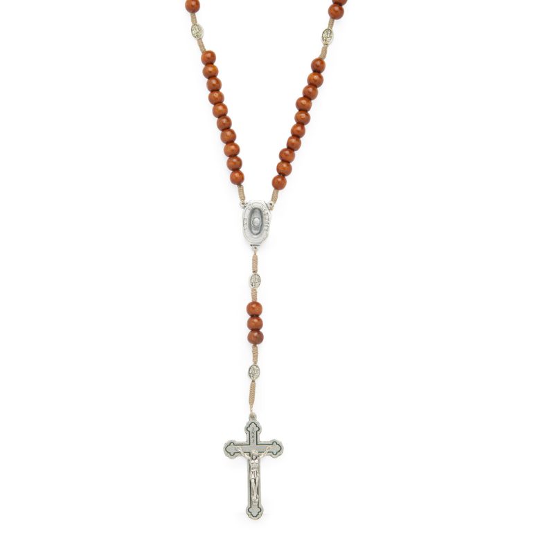 Rosario con gocce d'Acqua Santa in legno e corda