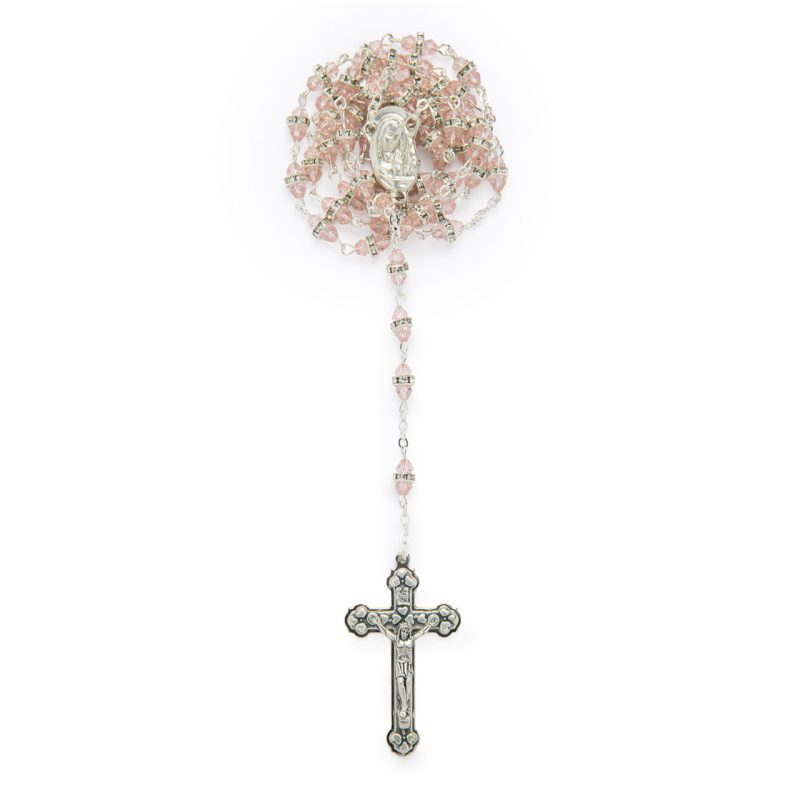 Rosario con il Sacro Cuore di Gesù e Madonna in preghiera in cristallo rosa