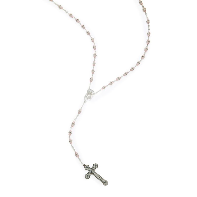 Rosario con il Sacro Cuore di Gesù e Madonna in preghiera in cristallo rosa