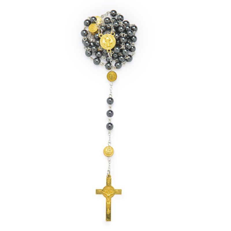 Rosario con le Medaglie di San Benedetto in Ematite e dettagli oro