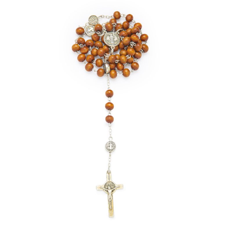 Rosario con le Medaglie di San Benedetto in legno chiaro