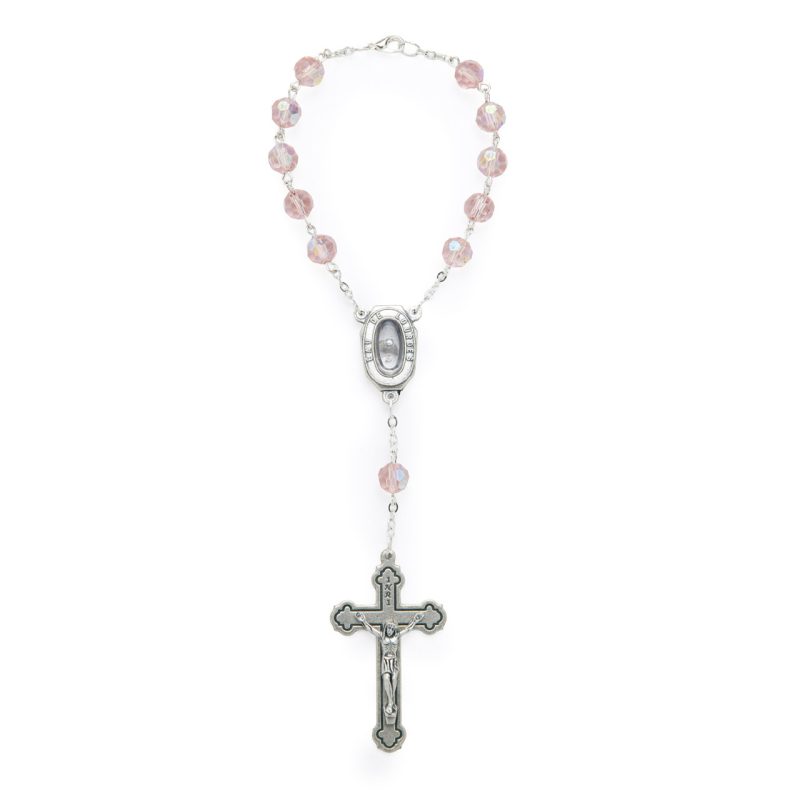 Rosario decina con gocce d'Acqua Santa in cristallo rosa