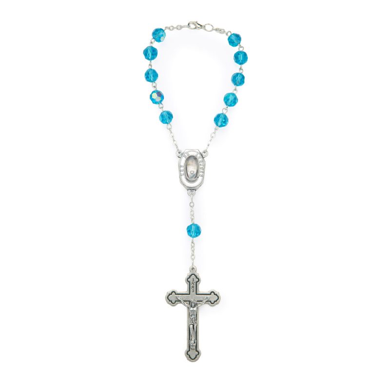 Rosario decina con gocce d'Acqua Santa in cristallo celeste