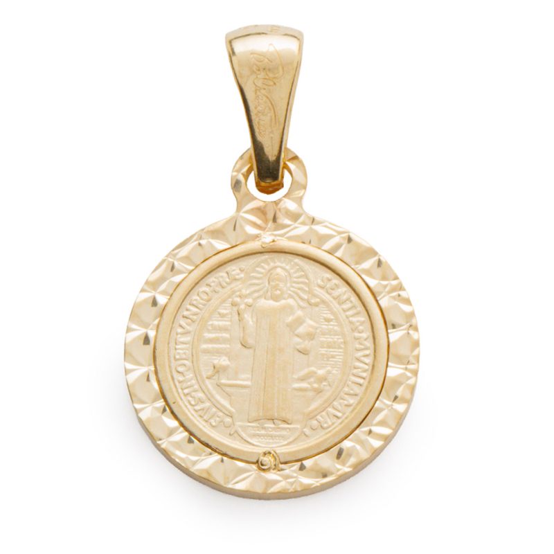 Medaglia di San Benedetto in argento dorato con bordo a lavorazione diamantata