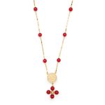 Rosario a collana con la Croce della Pace e Madonna della Salute in argento dorato e Quarzo Rosso
