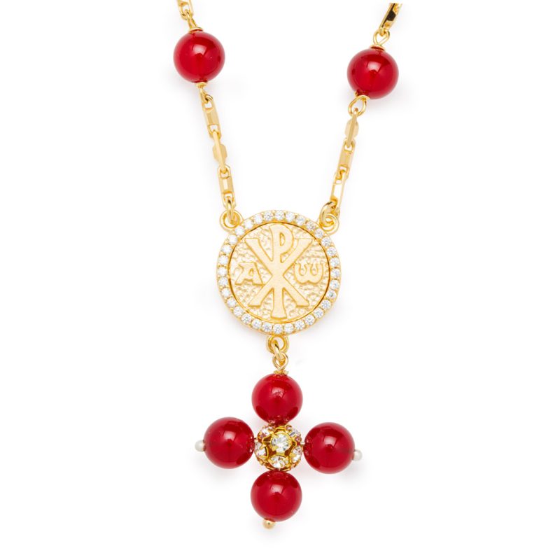 Rosario a collana con la Croce della Pace e Madonna della Salute in argento dorato e Quarzo Rosso