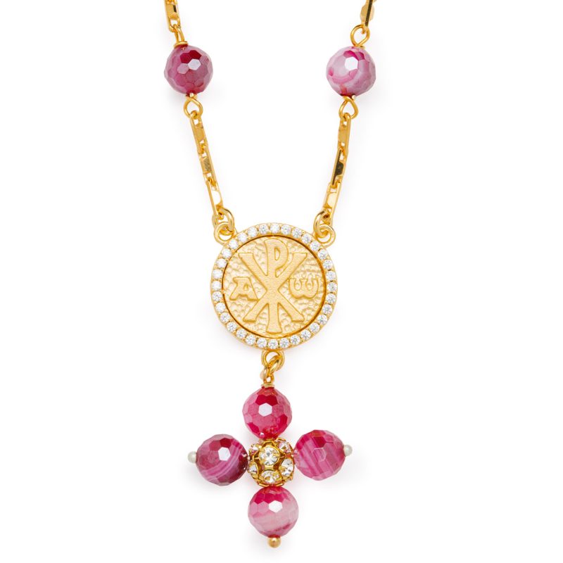 Rosario a collana con la Croce della Pace e Madonna della Salute in argento dorato e Agata