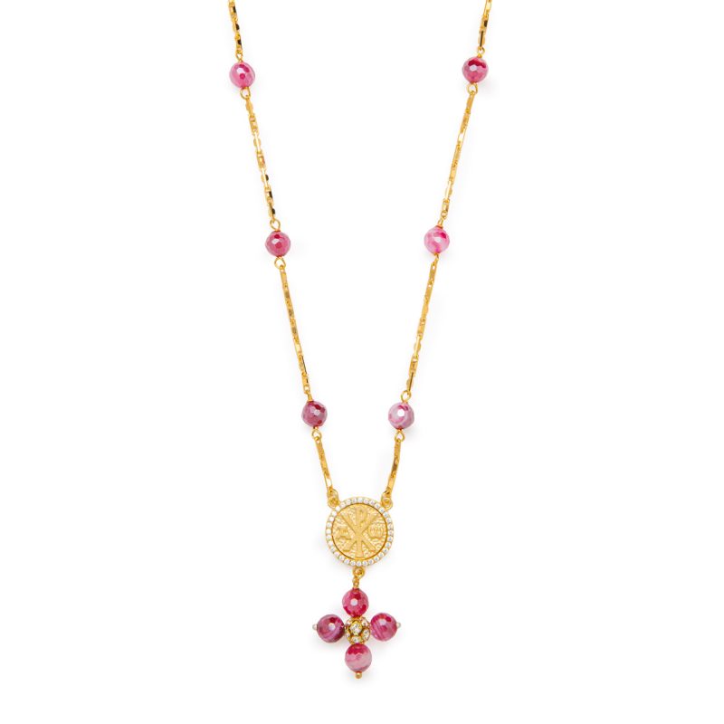Rosario a collana con la Croce della Pace e Madonna della Salute in argento dorato e Agata