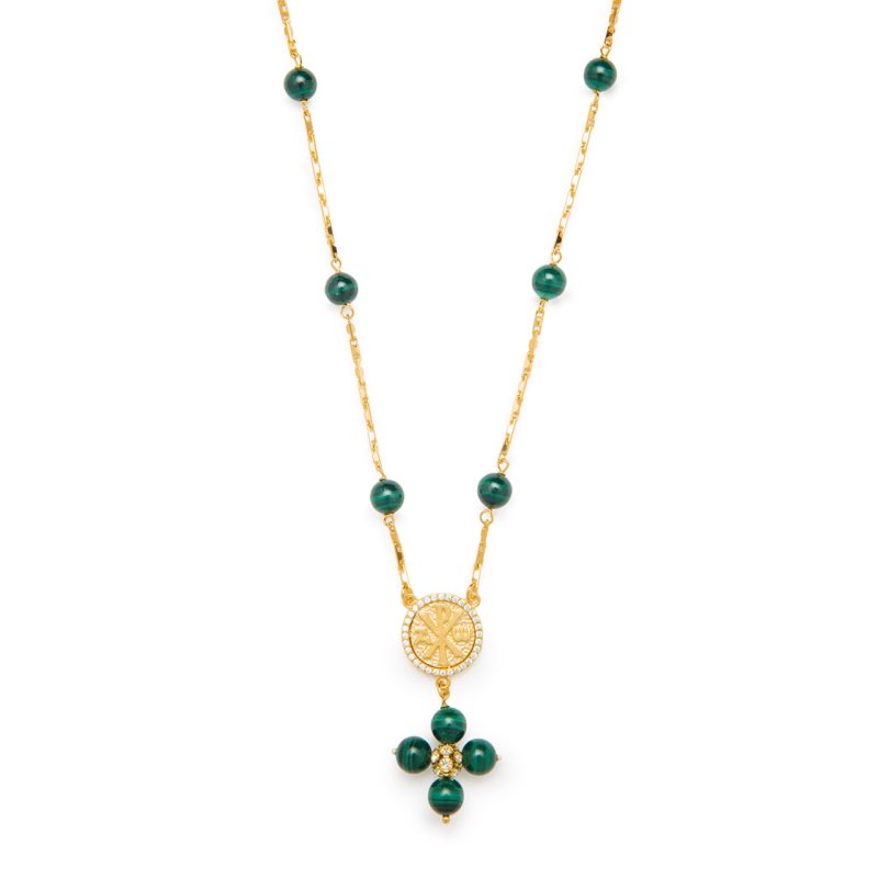 Rosario a collana con la Croce della Pace e Madonna della Salute in argento dorato e Malachite
