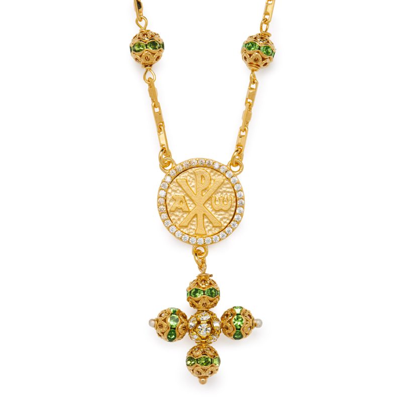 Rosario a collana con la Croce della Pace e Madonna della Salute in argento dorato e Strass