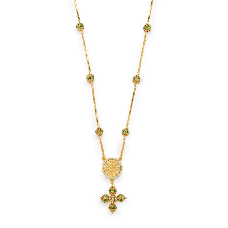 Rosario a collana con la Croce della Pace e Madonna della Salute in argento dorato e Strass