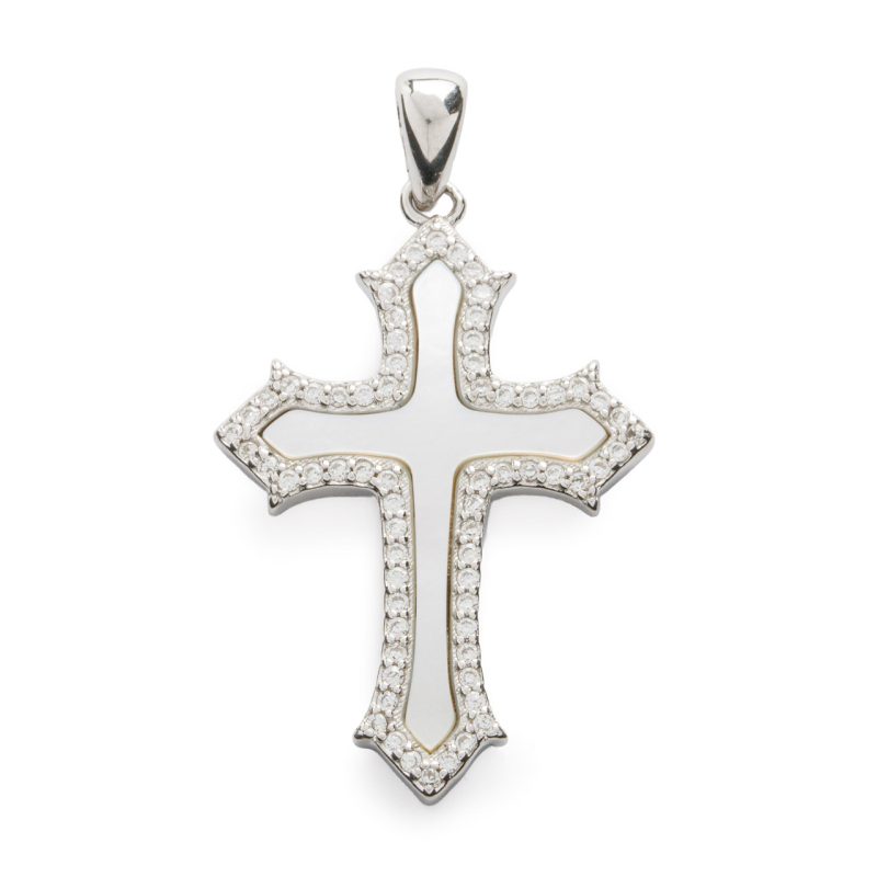 Croce in argento 925, Madreperla e zirconi