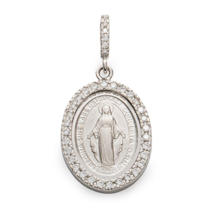 Medaglia Miracolosa in oro 18 kt bianco e zirconi