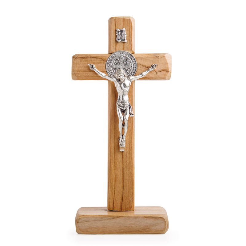 Croce con base in legno d'ulivo e Medaglia di San Benedetto in metallo
