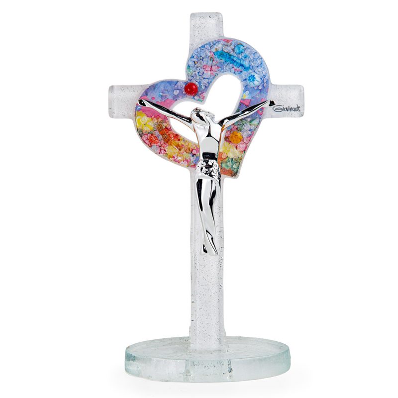 Croce con base in Cristallo di Murano con cuore multicolor