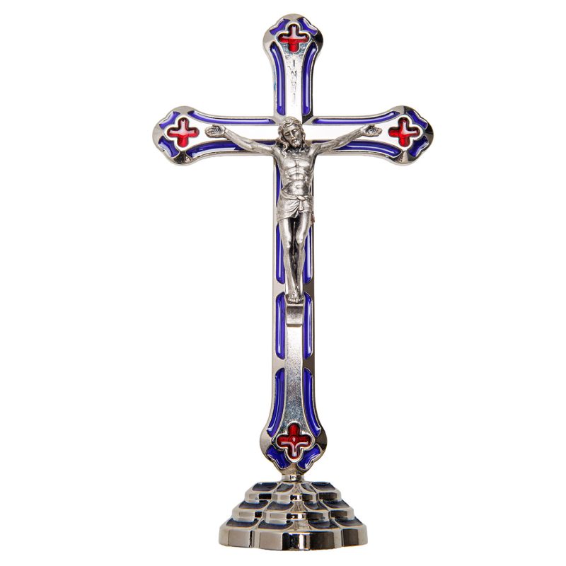 Croce con base in metallo nichelata e smalto blu