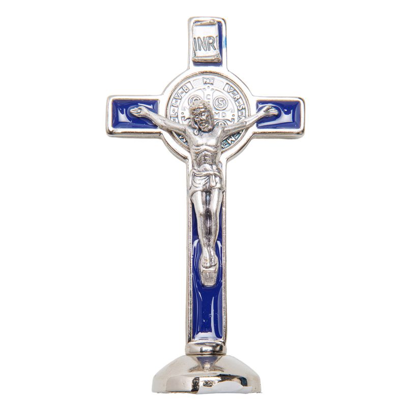 Croce con base in metallo e smalto blu con la Medaglia di San Benedetto