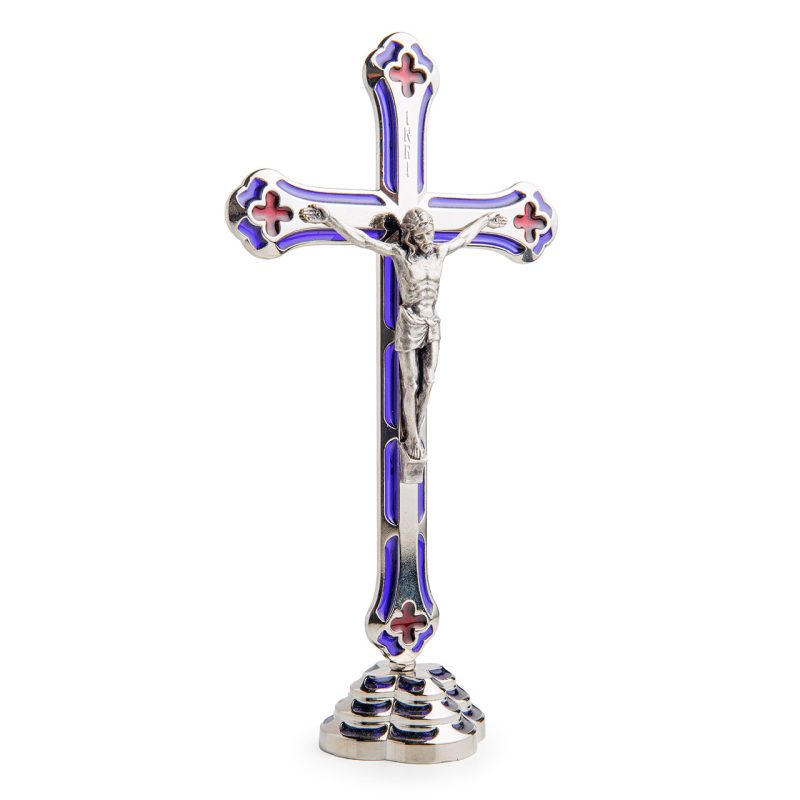 Croce con base in metallo nichelata e smalto blu