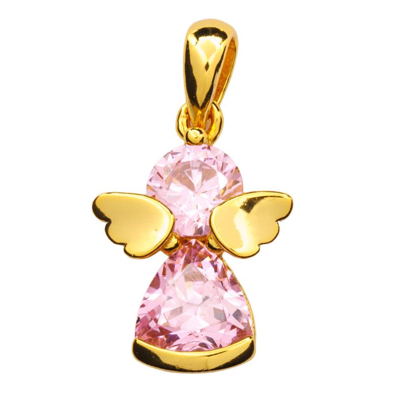 Pendente dell'Angelo Custode in zirconi rosa e argento 925 dorato