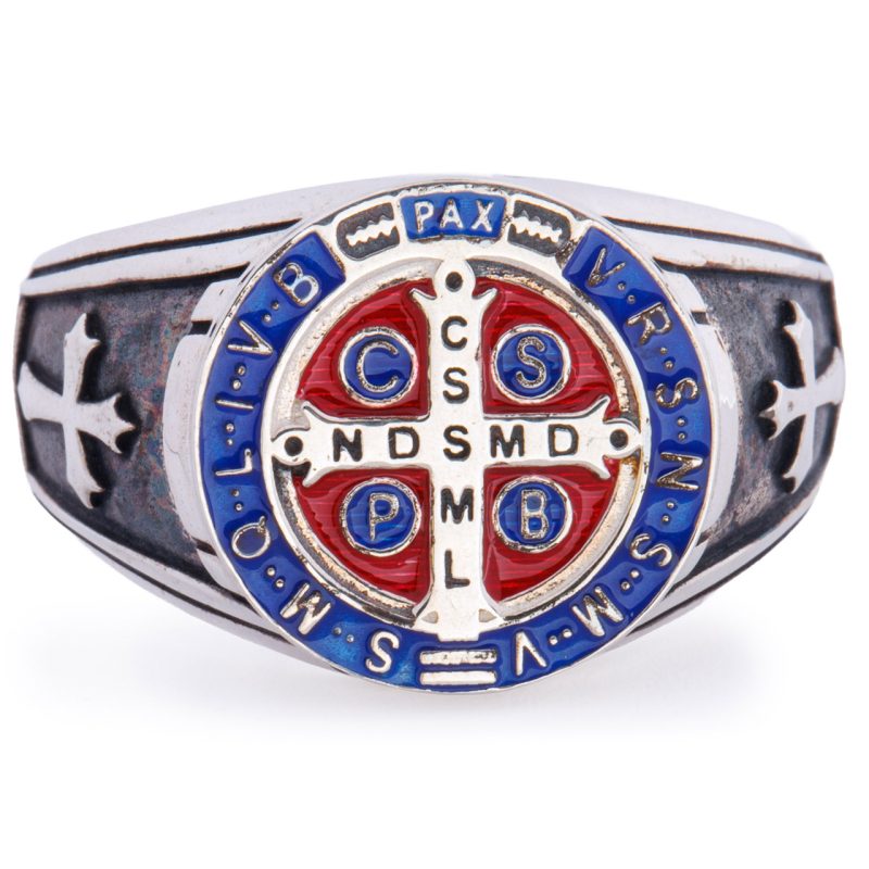 Anello con la Medaglia smaltata di San Benedetto in argento 925