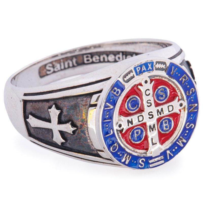 Anello con la Medaglia smaltata di San Benedetto in argento 925