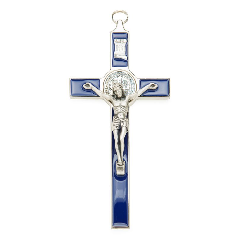 Croce da parete con la medaglia di San Benedetto in metallo argentato e smalto blu
