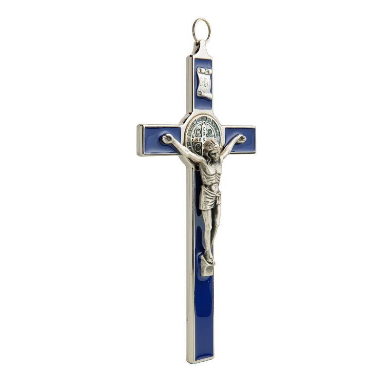 Croce da parete con la medaglia di San Benedetto in metallo argentato e smalto blu