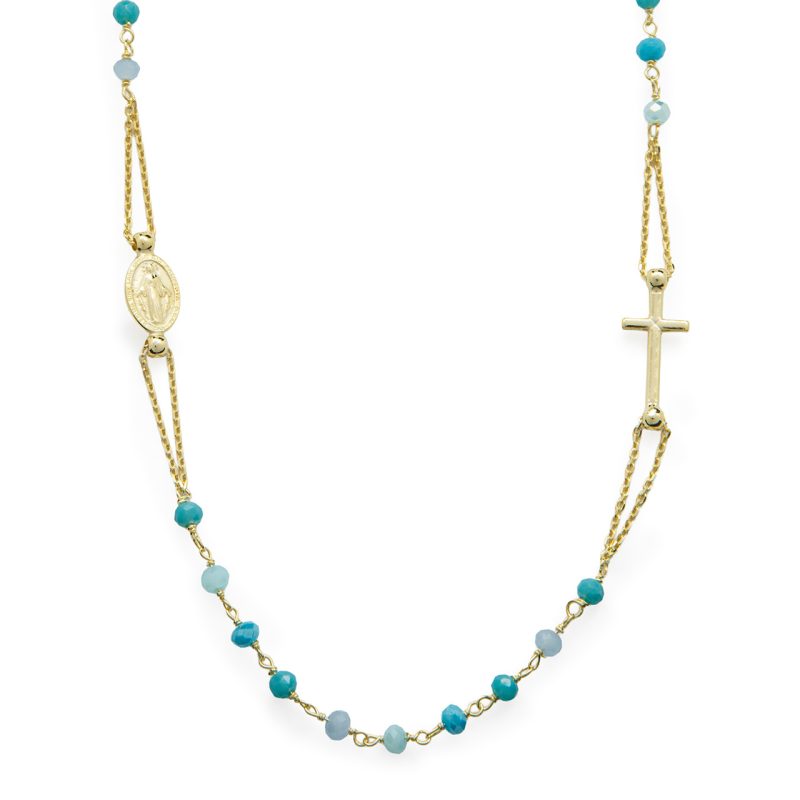 Rosario collana a tre decine con la Medaglia Miracolosa in argento 925 dorato e cristalli multicolor celesti