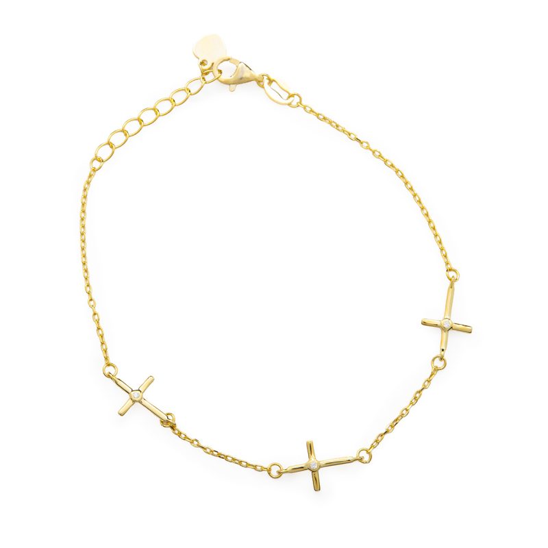 Bracciale con tre croci in argento 925 dorato e zirconi