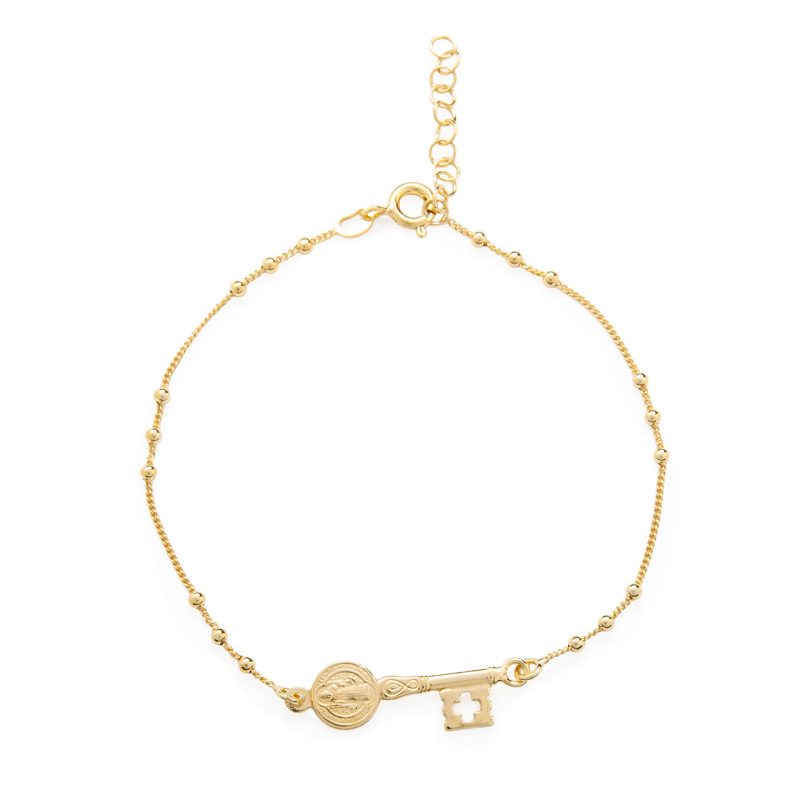 Bracciale Chiave del Paradiso con la Medaglia di San Benedetto in argento 925 dorato