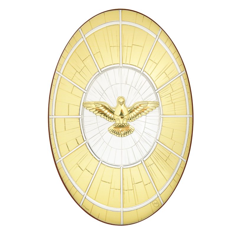 Quadro Spirito Santo in laminato argento e oro su base legno, da appoggio e da muro
