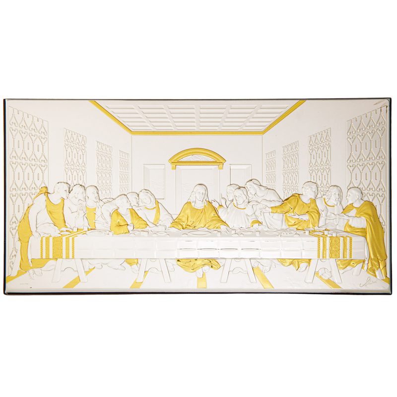 Quadro Ultima Cena in laminato argento e dettagli dorati, da appoggio e da muro