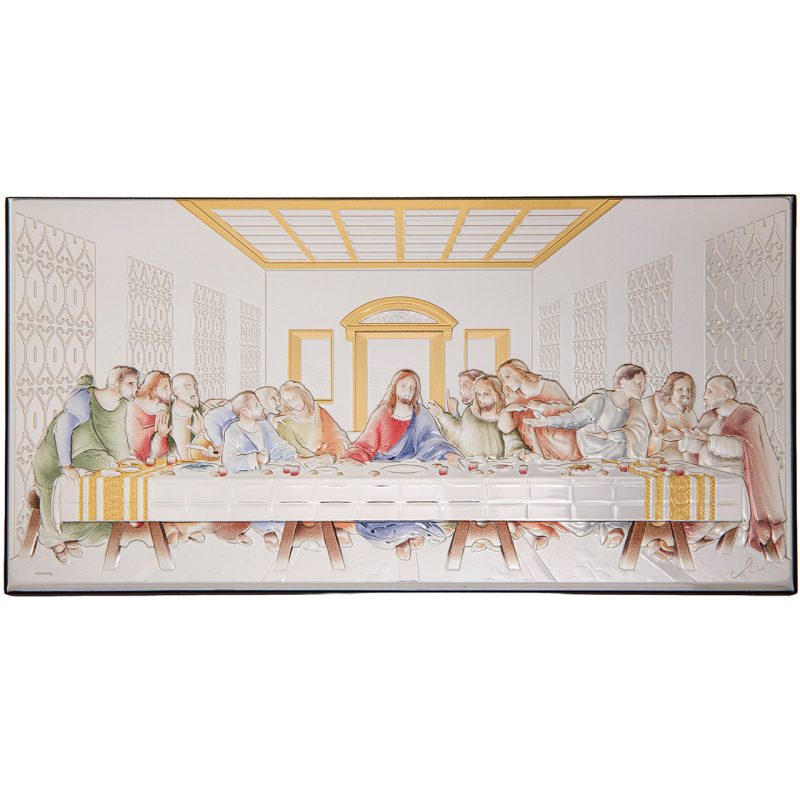 Quadro Ultima Cena in laminato argento e dettagli smaltati, da appoggio e da muro